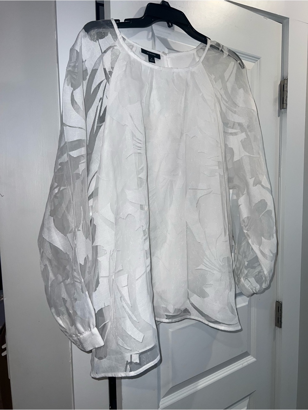 Alfani White Semi-Sheer Floral Blouson Sleeve Top